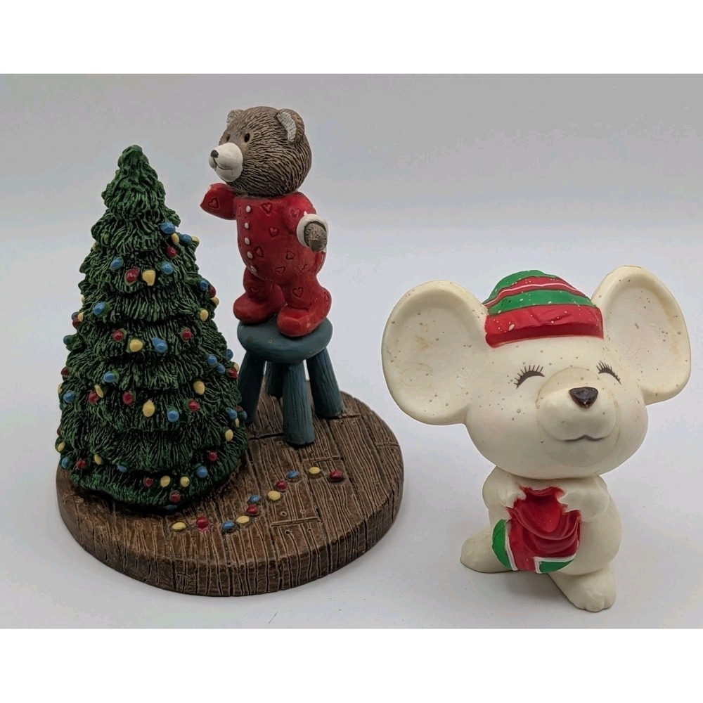 Vintage 1988 Hallmark Tender Touches Christmas Figurine Bear Tree & Mouse Lot